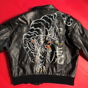 Vintage Hill & Archer Black Jacket – Hand-Painted Shiro Tora Tiger Art (M)